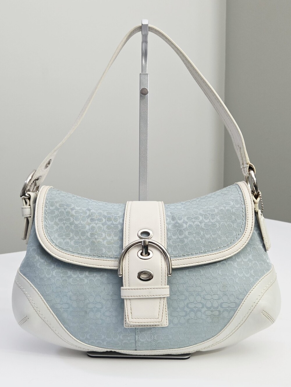 RARE VINTAGE COACH Y2K SOHO FLAP MINI SIGNATURE JACQUARD HOBO BAG BLUE/WHITE